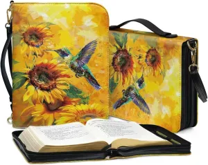 Suobstales Hummingbird Sunflower Print Bible Covers for Women Men Bible Case PU Leather Bible Bag Bible Accessories with Handle Christian Gifts Lightweight Bible Tote Bag with Shoulder Strap, L