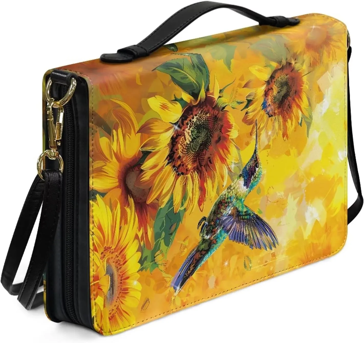 Suobstales Hummingbird Sunflower Print Bible Covers for Women Men Bible Case PU Leather Bible Bag Bible Accessories with Handle Christian Gifts Lightweight Bible Tote Bag with Shoulder Strap, L