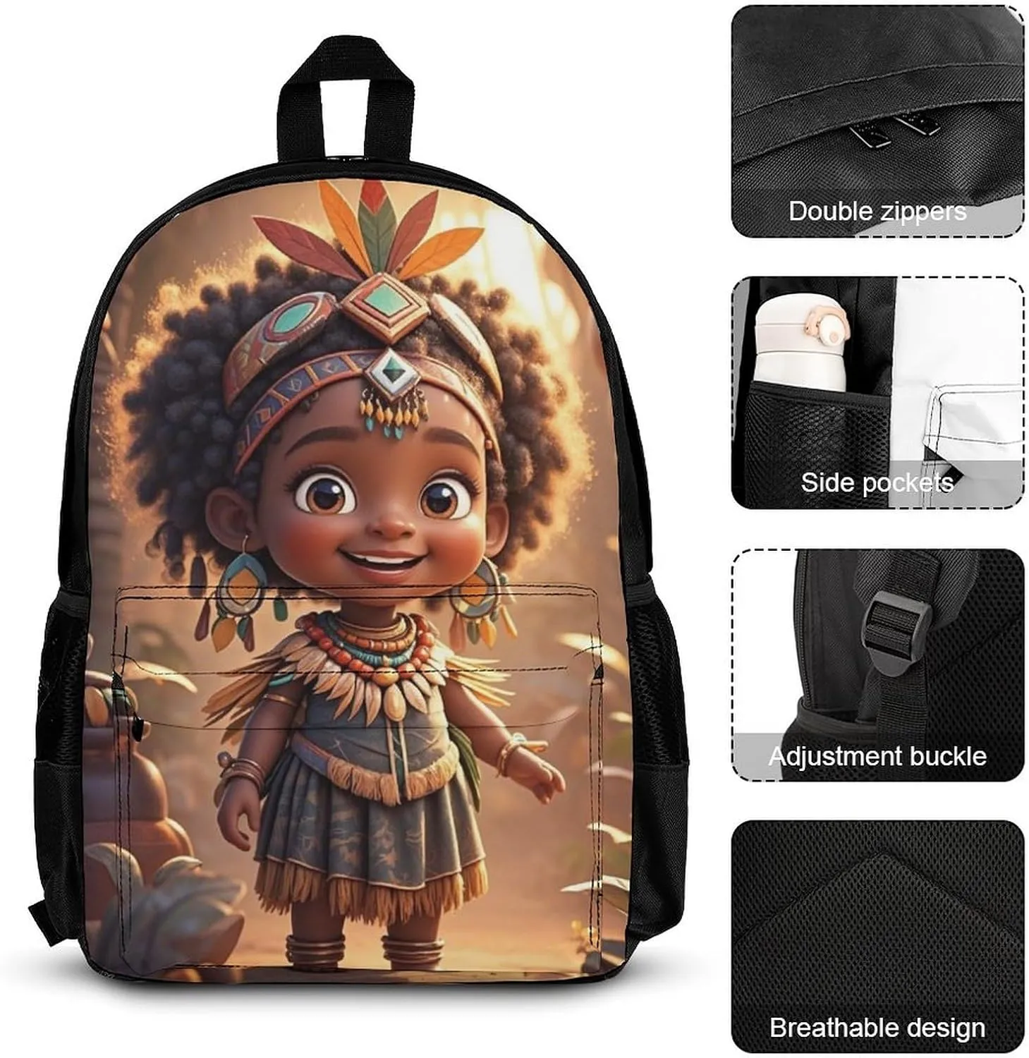 Supdreamc Picnic Bicycle Backpack Sets Daypack 3 Pcs Anti-Theft Multipurpose Backpack Sets Big Capacity Shoulder Bag, Vintage Afro American Black Woman Tribal Art