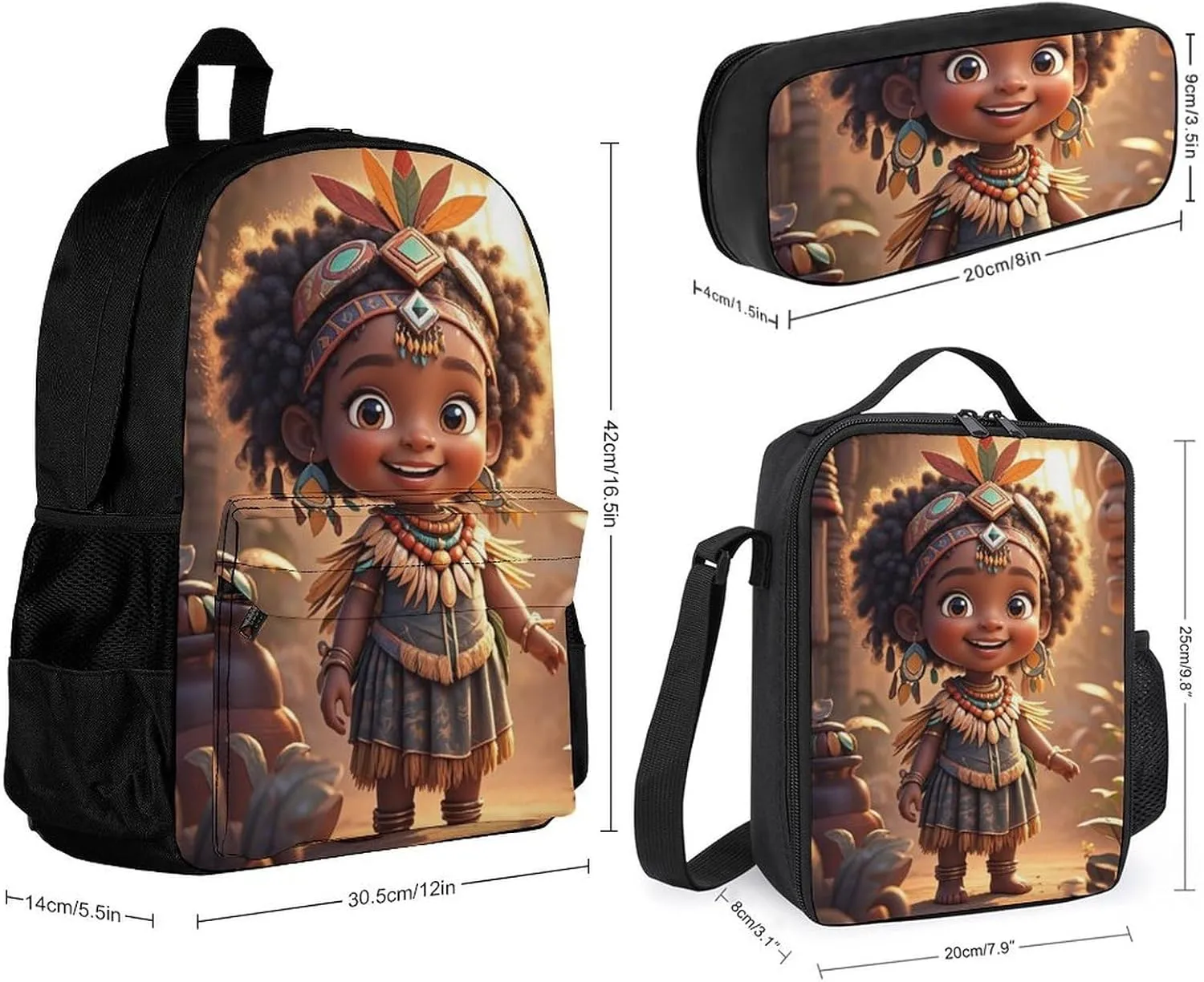 Supdreamc Picnic Bicycle Backpack Sets Daypack 3 Pcs Anti-Theft Multipurpose Backpack Sets Big Capacity Shoulder Bag, Vintage Afro American Black Woman Tribal Art