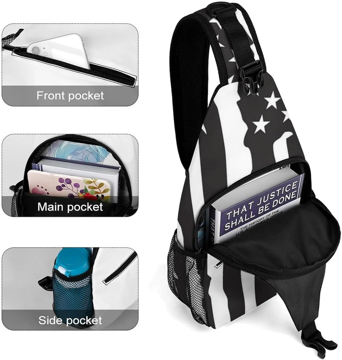 Supdreamc Sling Shoulder Backpack for Women Men Multipurpose Anti-Theft Travel Backpack Camping Outdoor Bag Tactical Satchel, Black Vintage Retro American Flag White Chest Bag Rucksack
