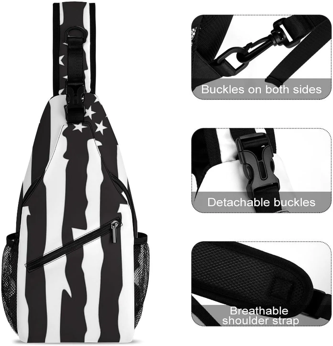 Supdreamc Sling Shoulder Backpack for Women Men Multipurpose Anti-Theft Travel Backpack Camping Outdoor Bag Tactical Satchel, Black Vintage Retro American Flag White Chest Bag Rucksack