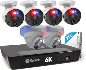 Swann 6K Mega HD Security Camera System, 8 Channel NVR with 2TB, 6 IP Cameras Indoor Outdoor Home, 12MP PoE Wired, Video Analytics, 2-Way Audio, Sirens, Color Night Vision, True Detect, LEDs, 24/7
