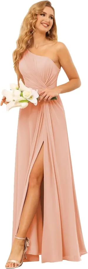 SYYS Chiffon Bridesmaid Dresses for Women One Shoulder Ruched Formal Party Dresses with Slit SYYS374