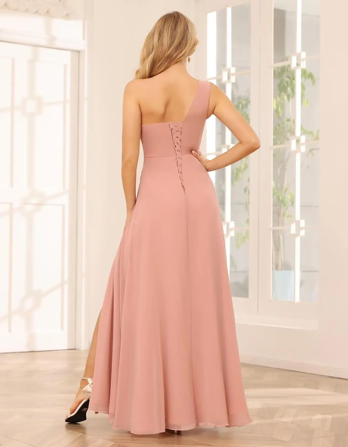 SYYS One Shoulder Bridesmaid Dresses for Women Chiffon Long Formal Dresses with Slit SYYS374