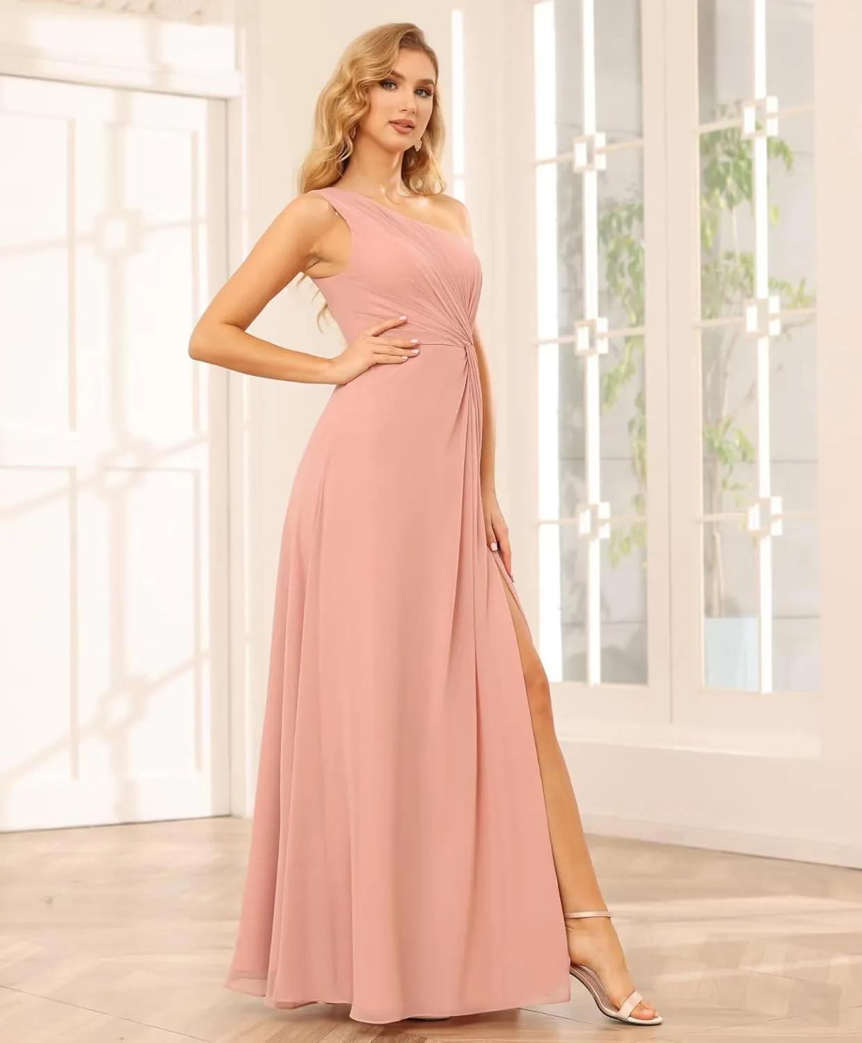 SYYS One Shoulder Bridesmaid Dresses for Women Chiffon Long Formal Dresses with Slit SYYS374