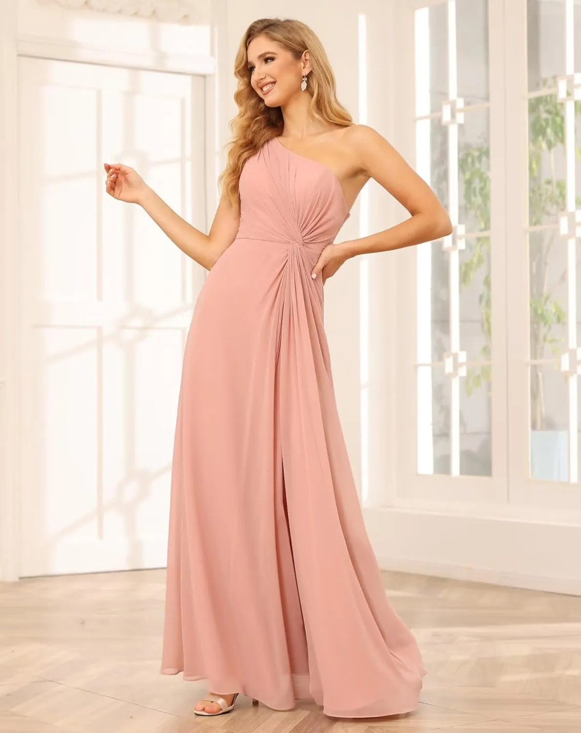SYYS One Shoulder Bridesmaid Dresses for Women Chiffon Long Formal Dresses with Slit SYYS374