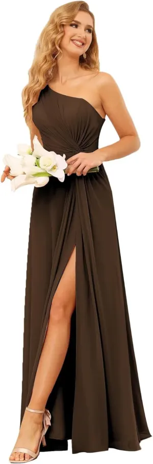 SYYS One Shoulder Bridesmaid Dresses for Women Chiffon Long Formal Dresses with Slit SYYS374