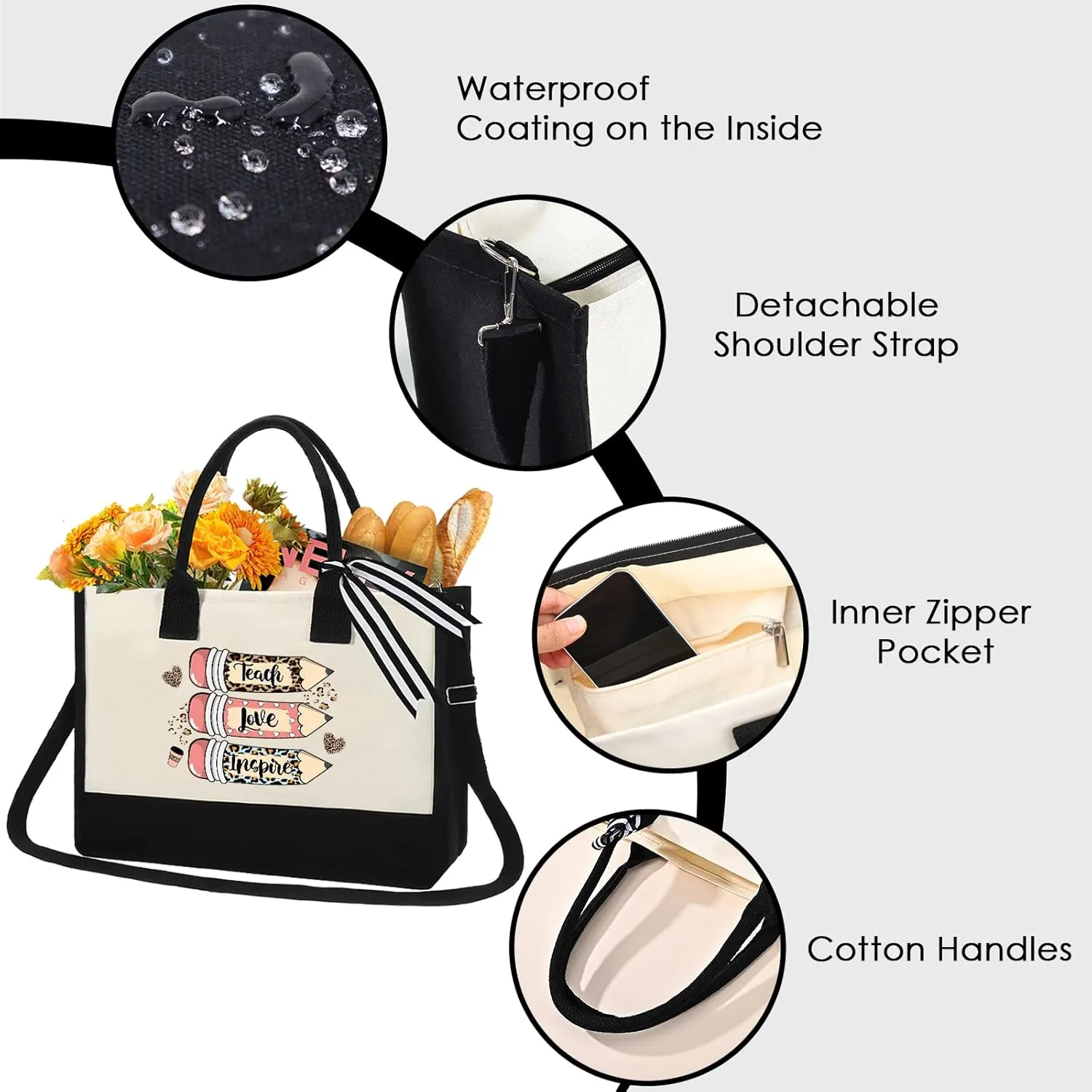 Teacher Canvas Tote Bag - Appreciation Teacher's Day Thanks Gifts Leopard Pencil Pattern Tote Bag Canvas Bag with Zipper with Cosmetic Bag