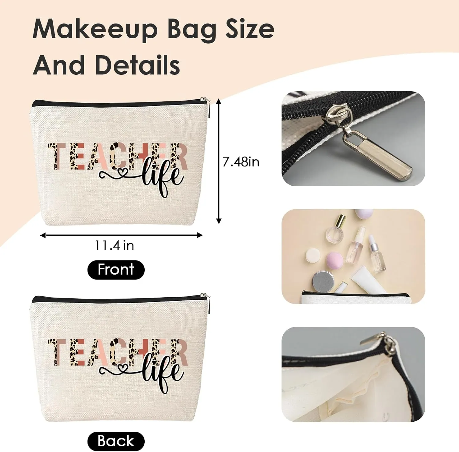 Teacher Canvas Tote Bag - Appreciation Teacher's Day Thanks Gifts Leopard Pencil Pattern Tote Bag Canvas Bag with Zipper with Cosmetic Bag
