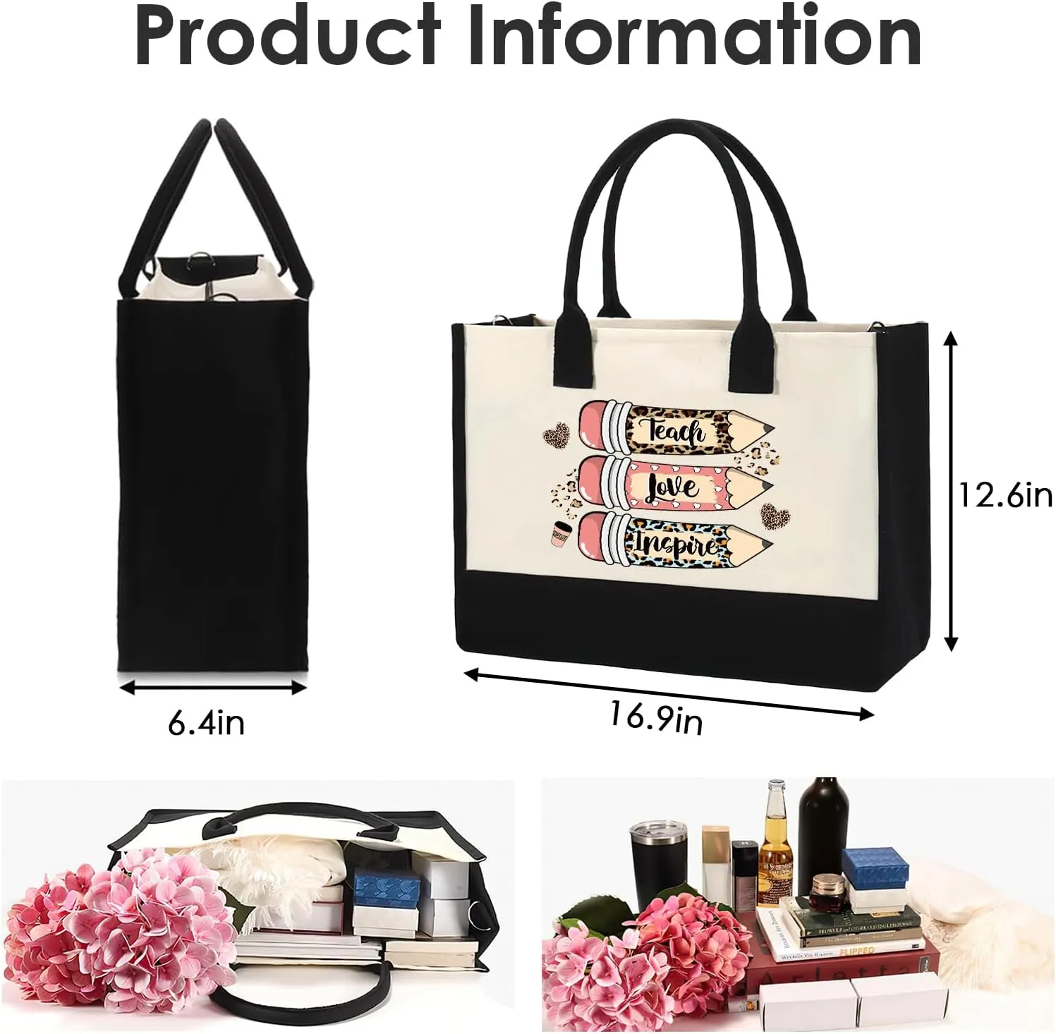Teacher Canvas Tote Bag - Appreciation Teacher's Day Thanks Gifts Leopard Pencil Pattern Tote Bag Canvas Bag with Zipper with Cosmetic Bag