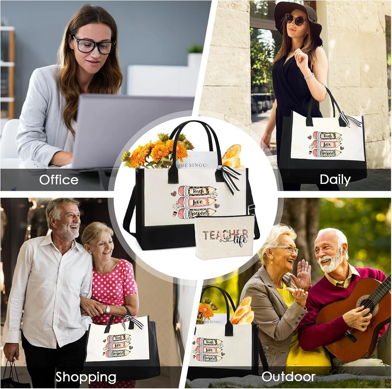 Teacher Canvas Tote Bag - Appreciation Teacher's Day Thanks Gifts Leopard Pencil Pattern Tote Bag Canvas Bag with Zipper with Cosmetic Bag