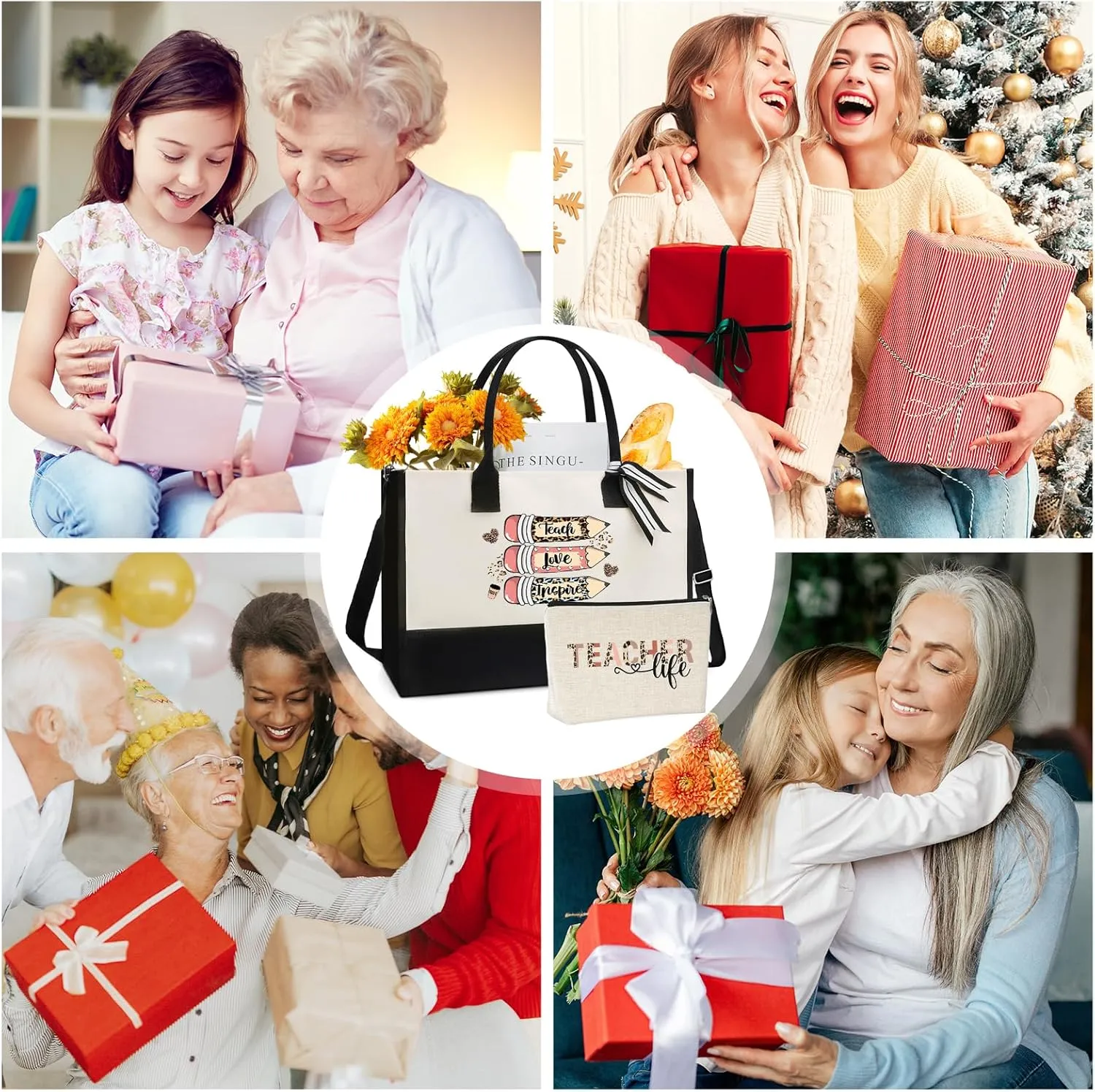 Teacher Canvas Tote Bag - Appreciation Teacher's Day Thanks Gifts Leopard Pencil Pattern Tote Bag Canvas Bag with Zipper with Cosmetic Bag