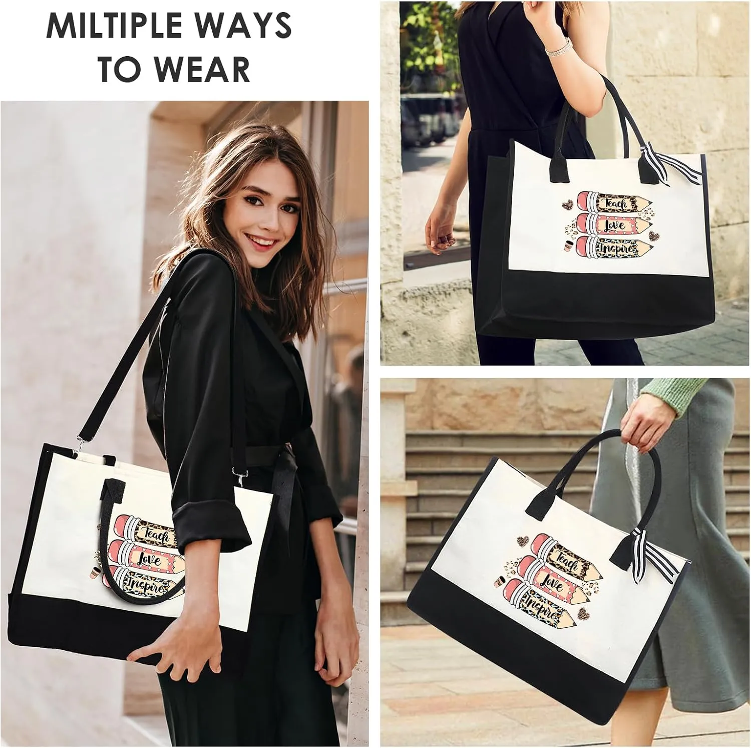 Teacher Canvas Tote Bag - Appreciation Teacher's Day Thanks Gifts Leopard Pencil Pattern Tote Bag Canvas Bag with Zipper with Cosmetic Bag
