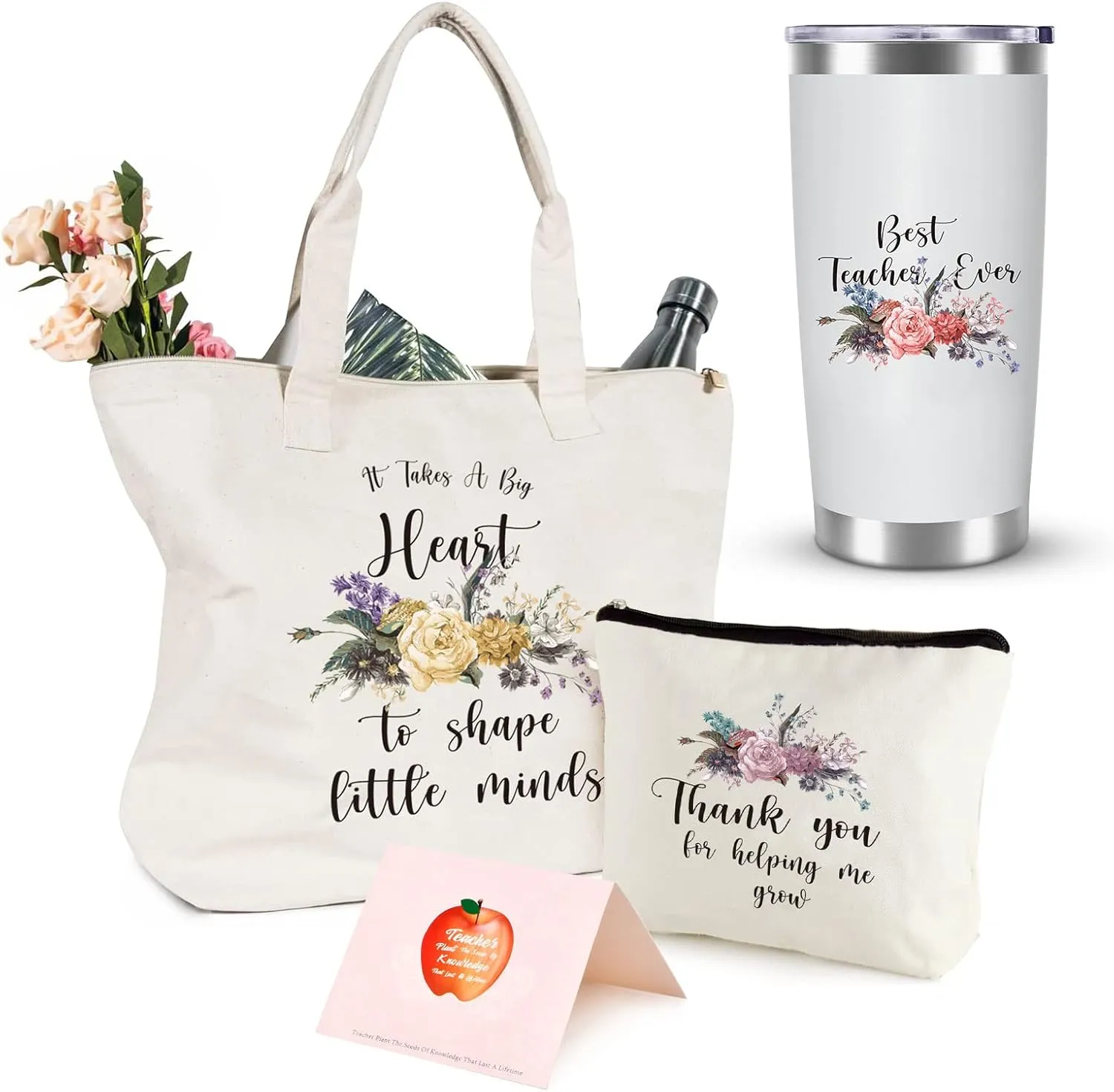 Teacher Tote Bag, Cream - Tote Bag Set for Women with 20oz Stainless Steel Tumbler, Cosmetic Bag, Greeting Card - Teacher Appreciation Gift