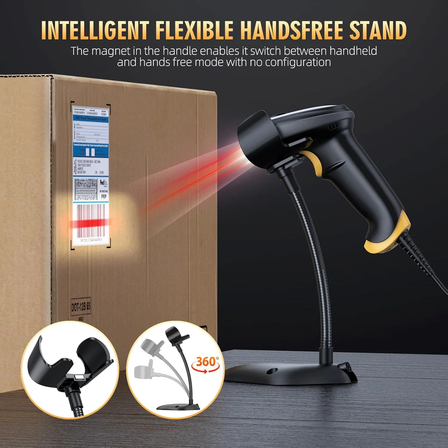 TEEMI 2D Barcode Scanner with Smart Stand USB Wired Handheld Automatic QR Data Matrix PDF417 OCR bar Codes Imager Global Shutter Computer Screen Scan for Windows Mac and Linux PC POS, Stand Included