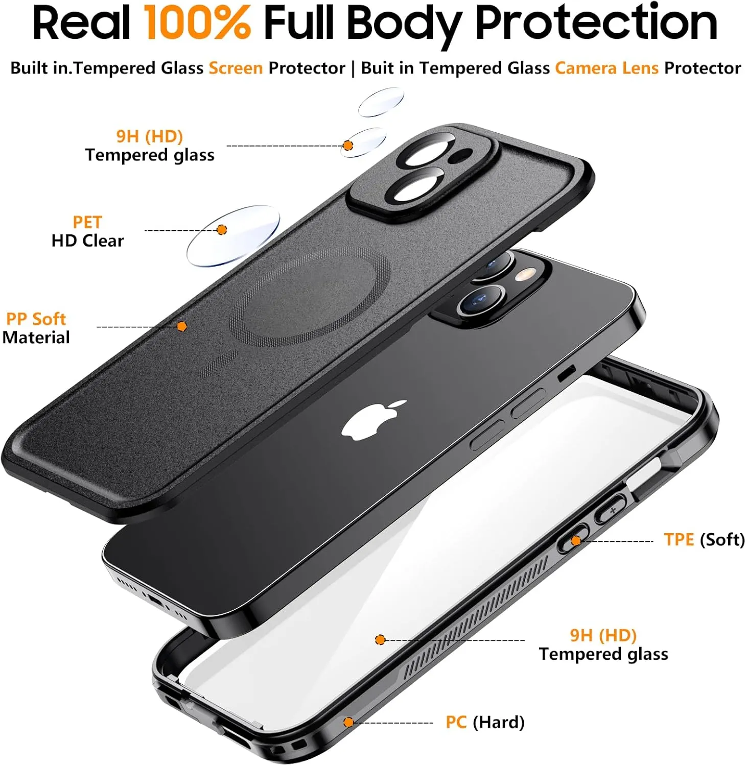 Temdan Magnetic for iPhone 14 Case Waterproof [Compatible with MagSafe] [IP68 Underwater] [Built-in 9H Tempered Glass Camera Lens & Screen Protector] Full Body Shockproof Phone Case Black