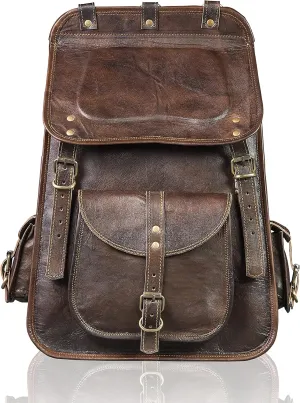 THE CHARMIKA-Vintage Full Grain 21 Inch Leather Laptop LARGE Backpack Casual Bookbag Daypack Camping Travel Rucksack Knapsack