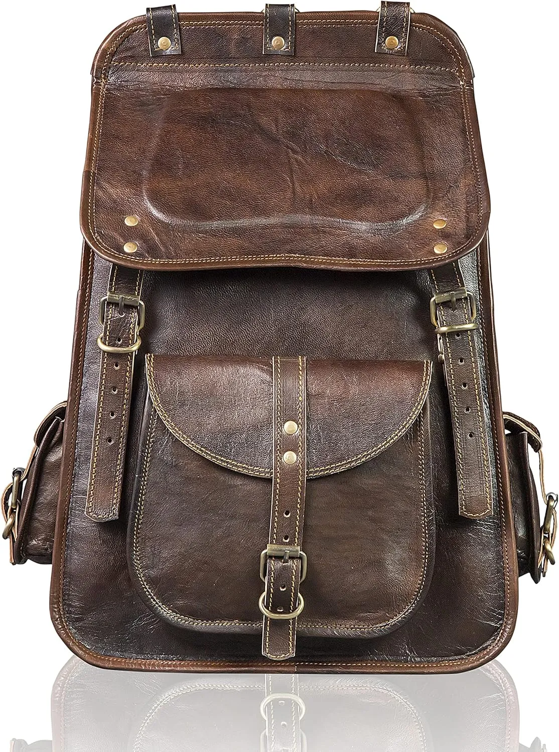 THE CHARMIKA-Vintage Full Grain 21 Inch Leather Laptop LARGE Backpack Casual Bookbag Daypack Camping Travel Rucksack Knapsack