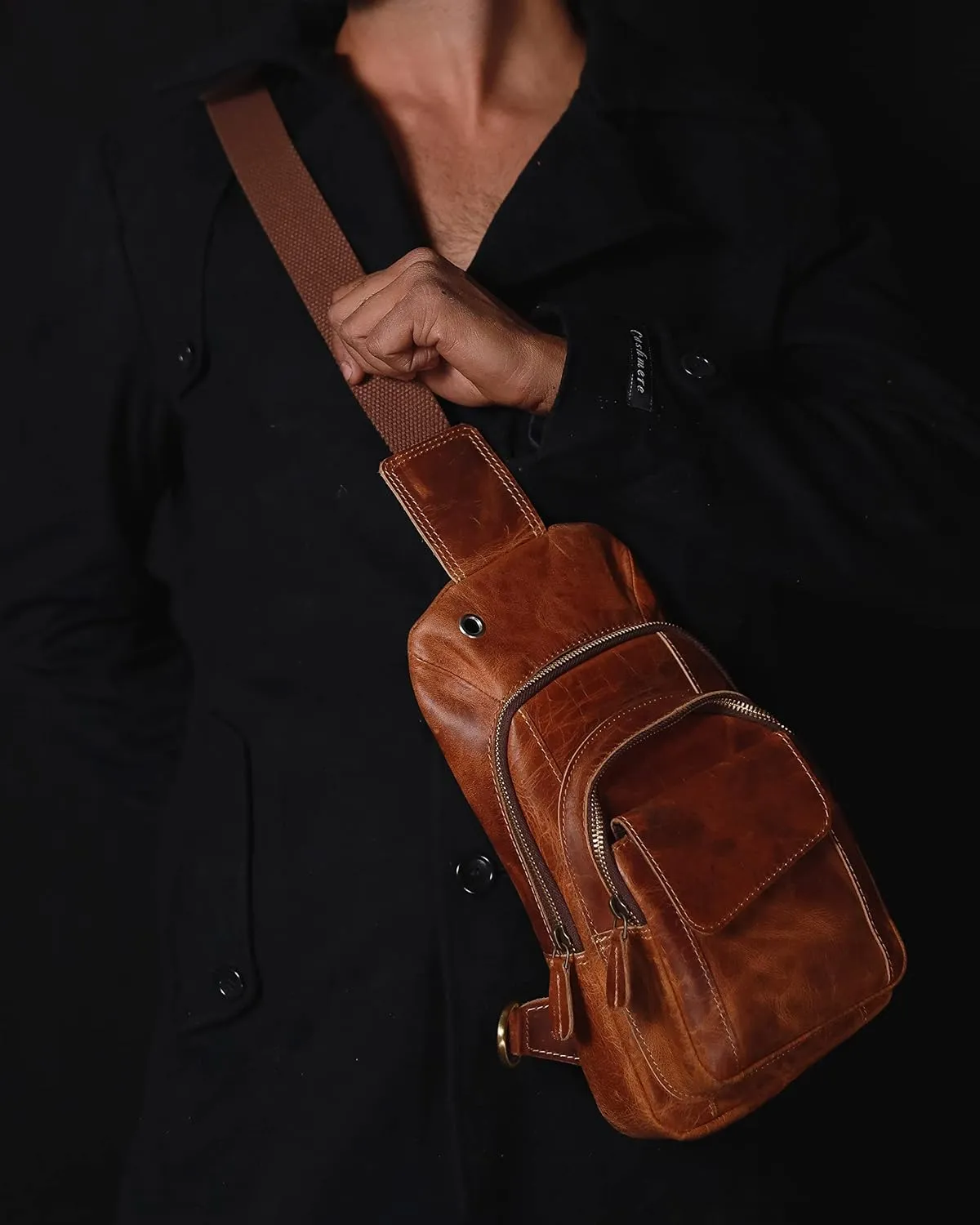 The Tannery Handmade Buffalo Leather Multipurpose Travel Hiking Crossbody Chest Backpack with Adjustable Shoulder Strap (Brown, Small)