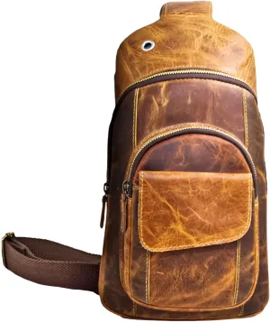 The Tannery Handmade Buffalo Leather Multipurpose Travel Hiking Crossbody Chest Backpack with Adjustable Shoulder Strap (Brown, Small)