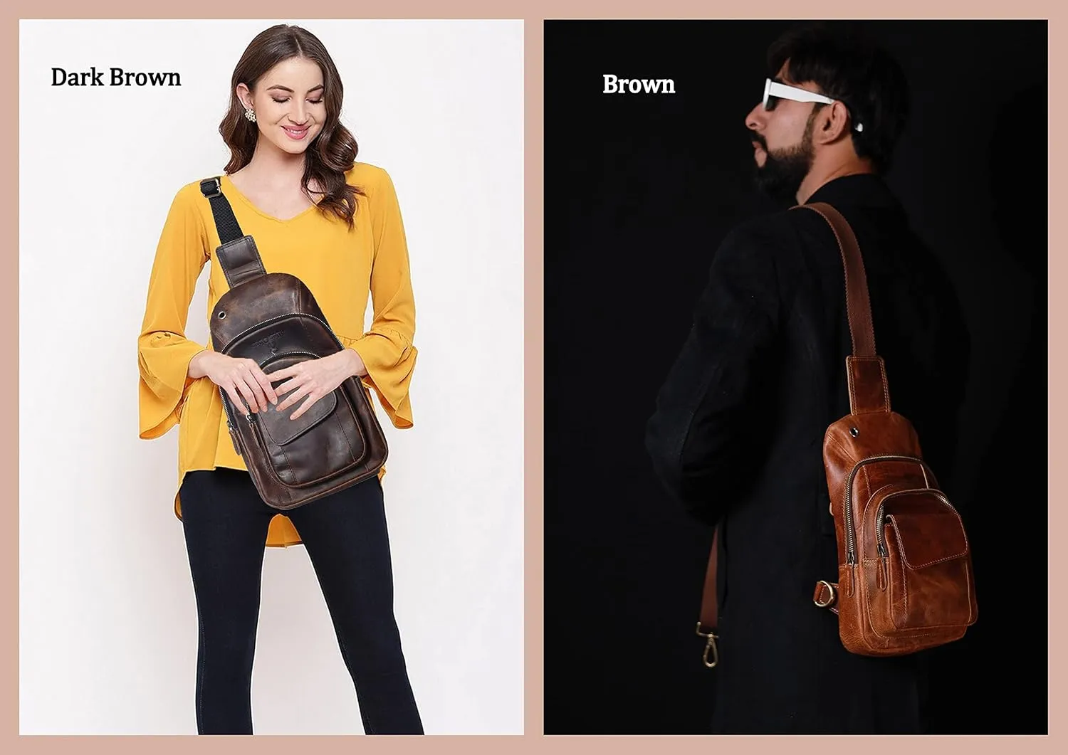 The Tannery Handmade Buffalo Leather Multipurpose Travel Hiking Crossbody Chest Backpack with Adjustable Shoulder Strap (Brown, Small)