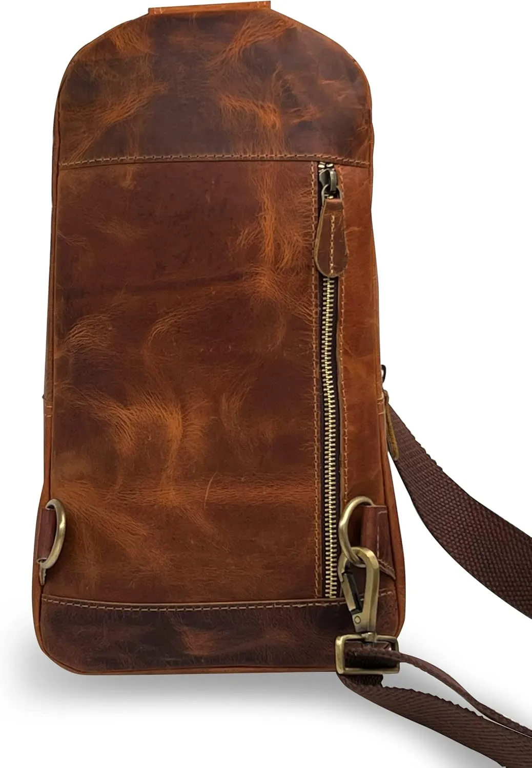 The Tannery Handmade Buffalo Leather Multipurpose Travel Hiking Crossbody Chest Backpack with Adjustable Shoulder Strap (Brown, Small)