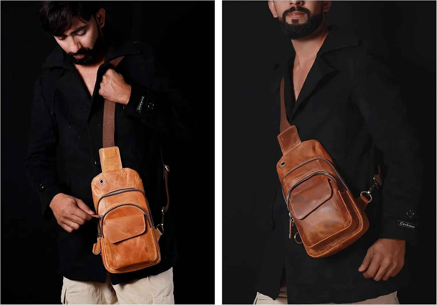 The Tannery Handmade Buffalo Leather Multipurpose Travel Hiking Crossbody Chest Backpack with Adjustable Shoulder Strap (Camel Brown, Large)