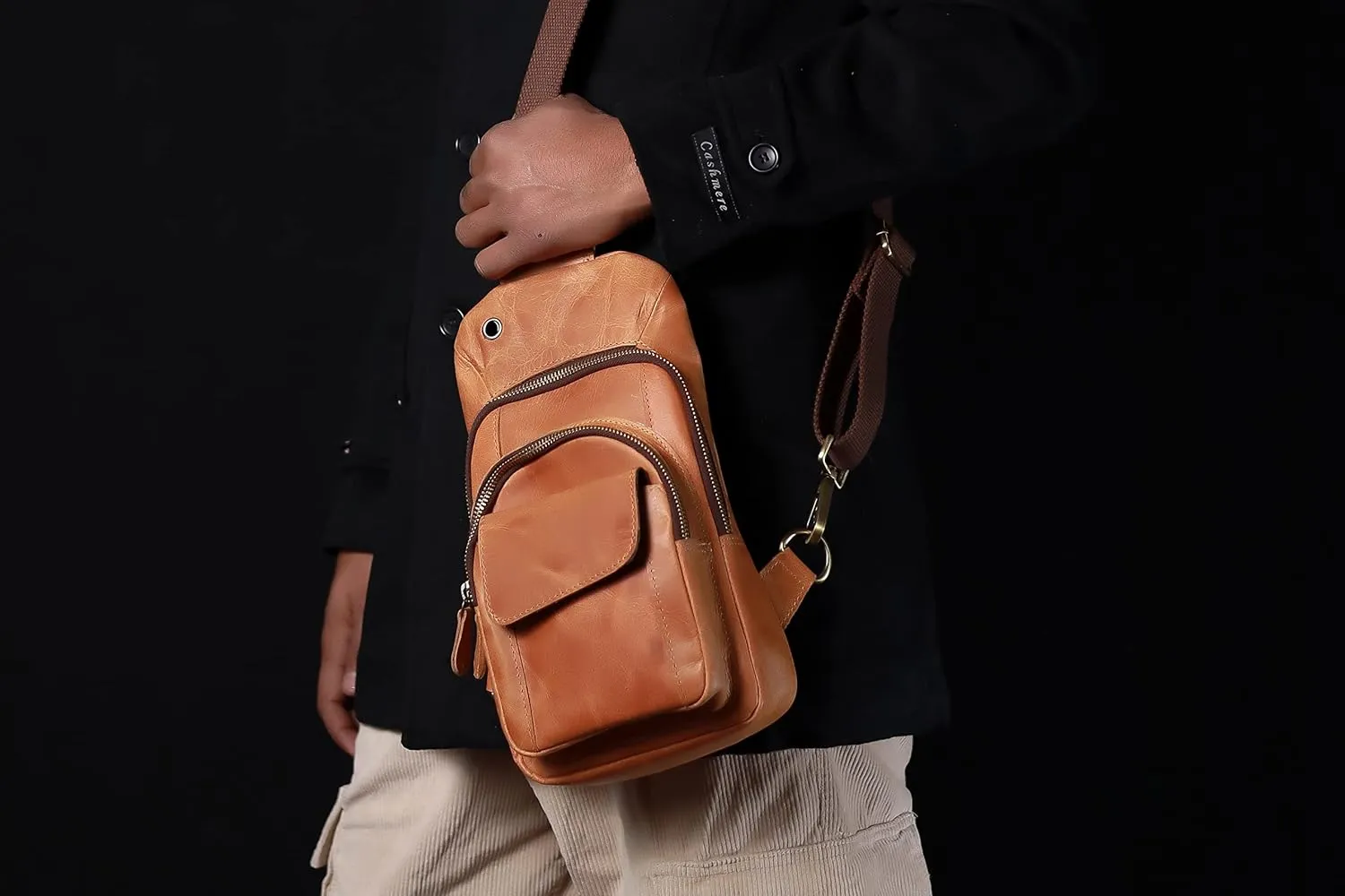 The Tannery Handmade Buffalo Leather Multipurpose Travel Hiking Crossbody Chest Backpack with Adjustable Shoulder Strap (Camel Brown, Large)