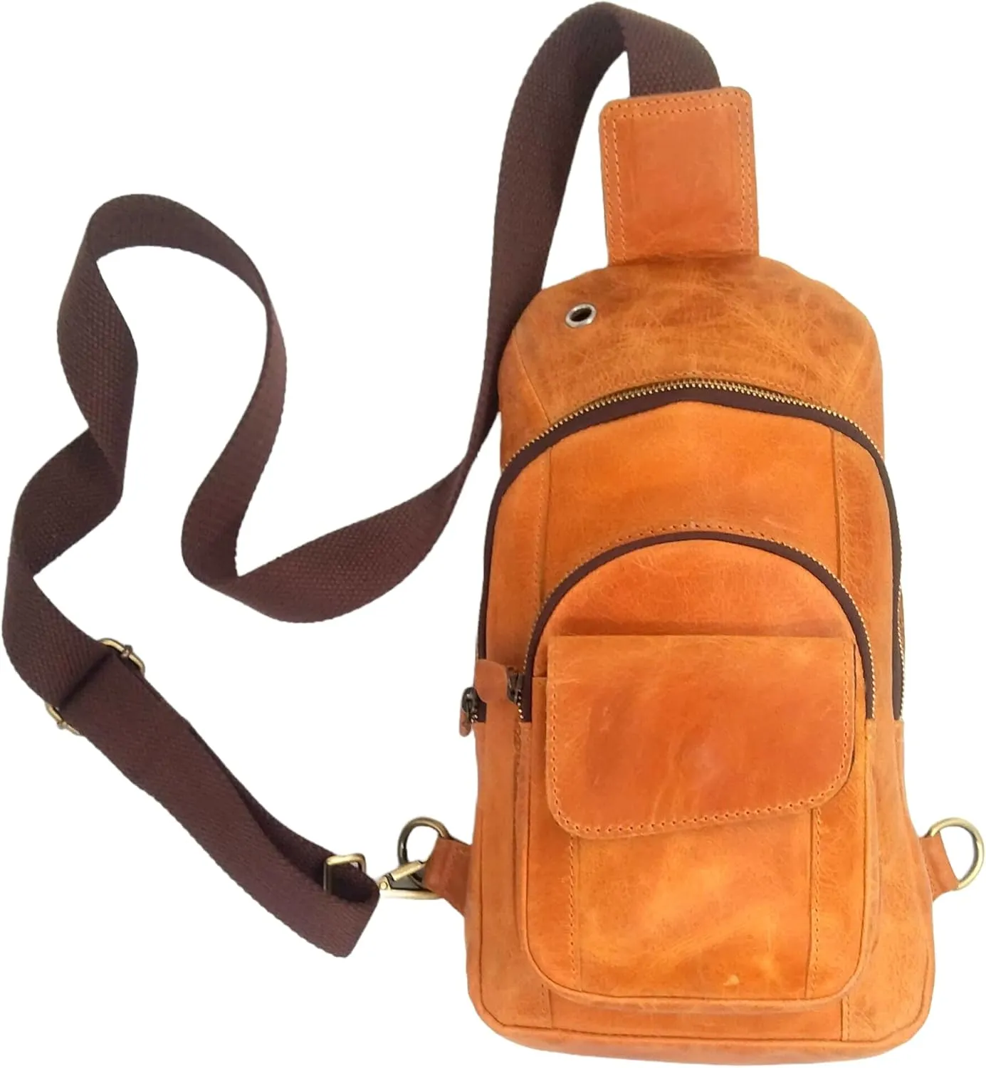 The Tannery Handmade Buffalo Leather Multipurpose Travel Hiking Crossbody Chest Backpack with Adjustable Shoulder Strap (Camel Brown, Large)