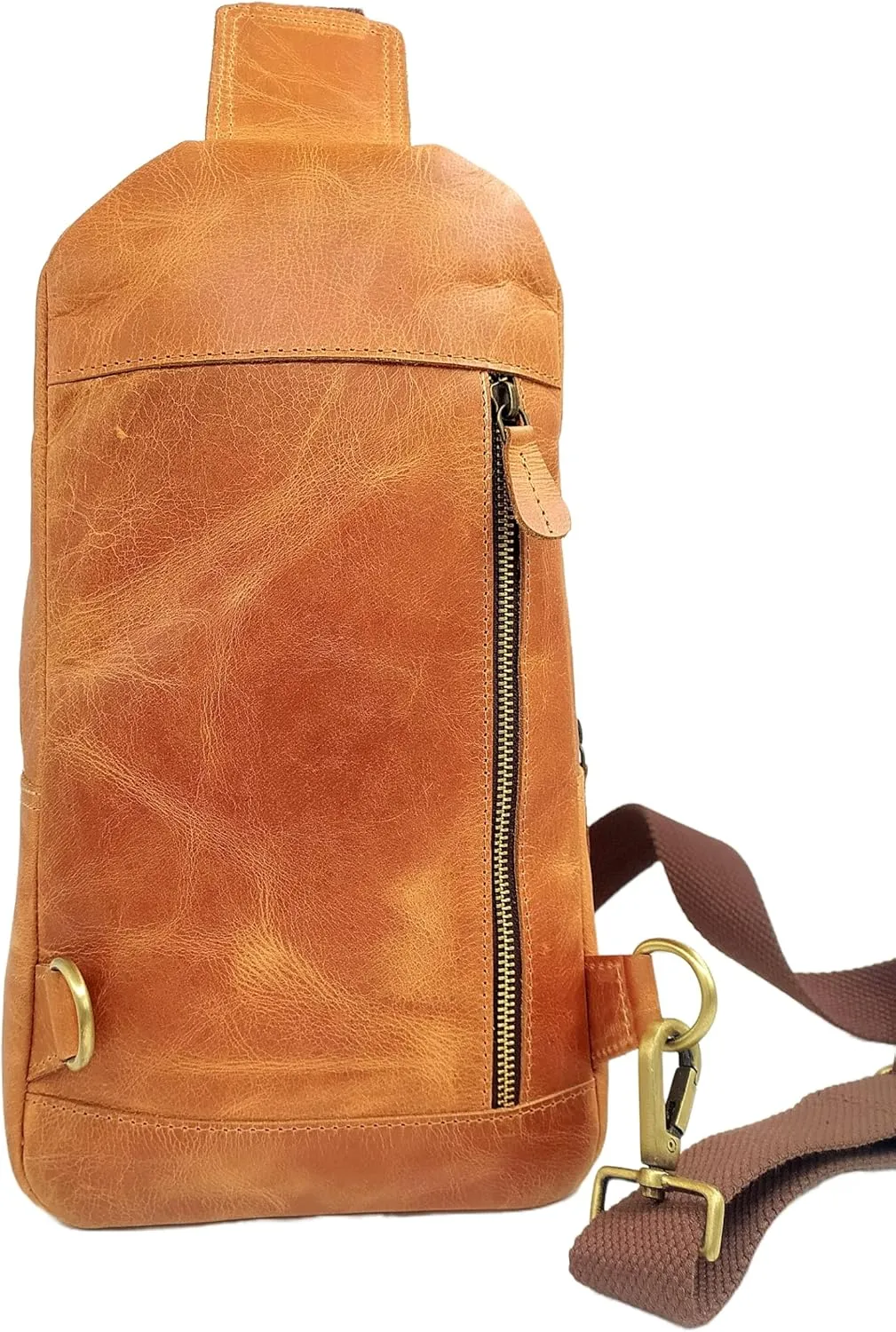 The Tannery Handmade Buffalo Leather Multipurpose Travel Hiking Crossbody Chest Backpack with Adjustable Shoulder Strap (Camel Brown, Large)