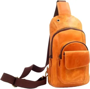 The Tannery Handmade Buffalo Leather Multipurpose Travel Hiking Crossbody Chest Backpack with Adjustable Shoulder Strap (Camel Brown, Small)