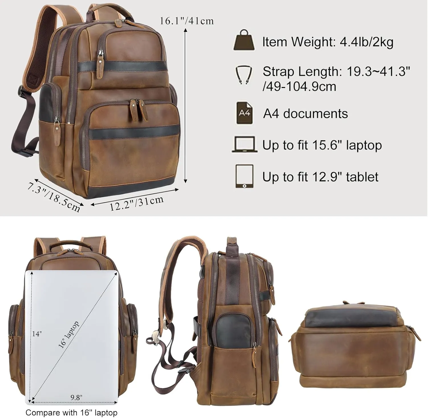 TIDING Men's Vintage Leather Backpack 15.6" Laptop Bag Large Capacity Business Travel Hiking Shoulder Daypacks