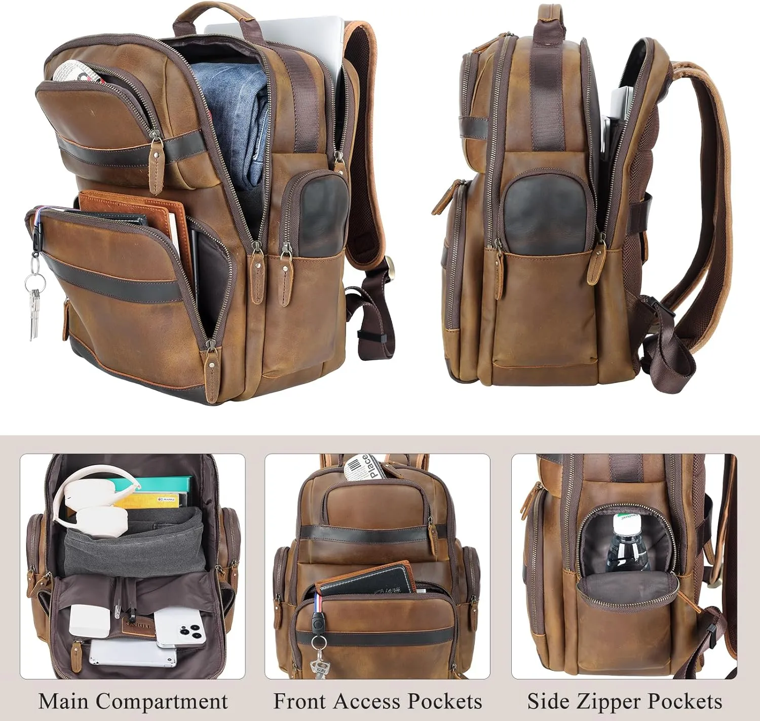 TIDING Men's Vintage Leather Backpack 15.6" Laptop Bag Large Capacity Business Travel Hiking Shoulder Daypacks