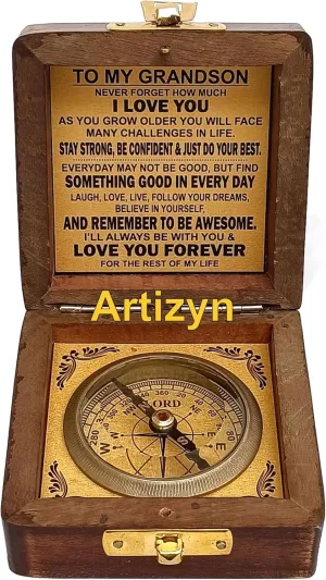 to My Grandson Brass Compass with Wooden Box Mom to Son Compass, Father to Son Gifts, Graduation Day Gifts, Baptism, Confirmation & Communion for Men & Women, Greeting Card Included