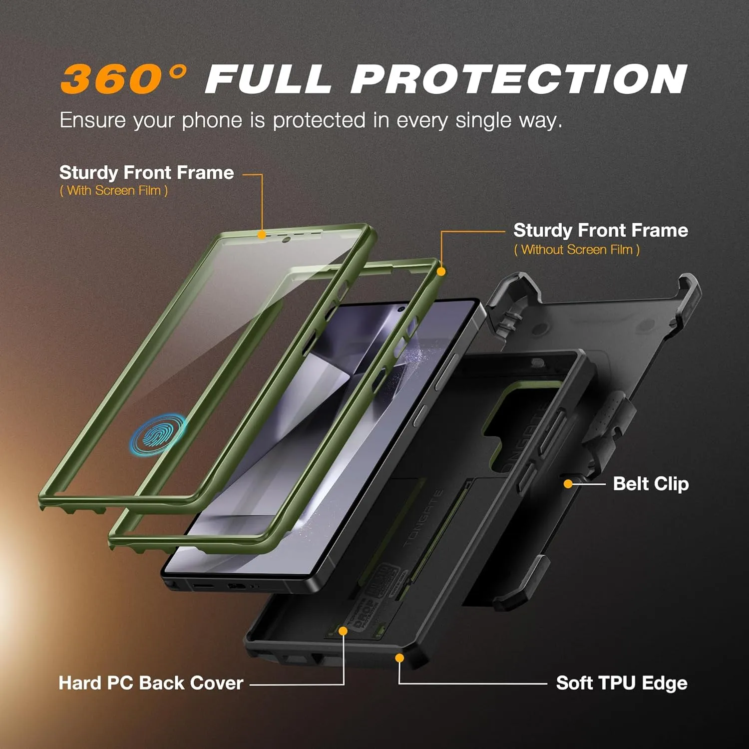 TONGATE for Samsung Galaxy S25 Ultra Case, [Built-in Slide Camera Cover & Screen Protector] [2 Front Frames] Full-Body Heavy Duty Shockproof S25 Ultra Phone Case with Stand & Belt Clip Holster, Green