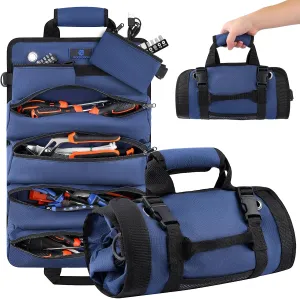 Tool Roll Bag, Heavy Duty Tool Organizer Roll Up, Portable Tool Storage Bag Easily Hanging on the Wall and Car for Professional Mechanics, Electricians, Carpenters, and Hobbyists, Blue