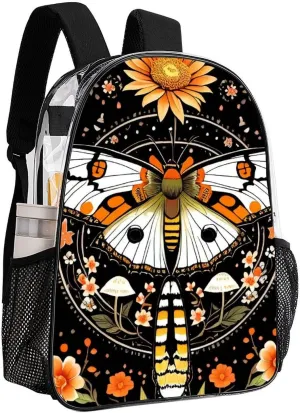 Transparent Daypack for Hiking Work Running - Big Capacity Anti-Theft Multipurpose Shoulder Bag, Orange Moth Floral Flowers Vintage Art Travel and Sport Backpack Rucksack