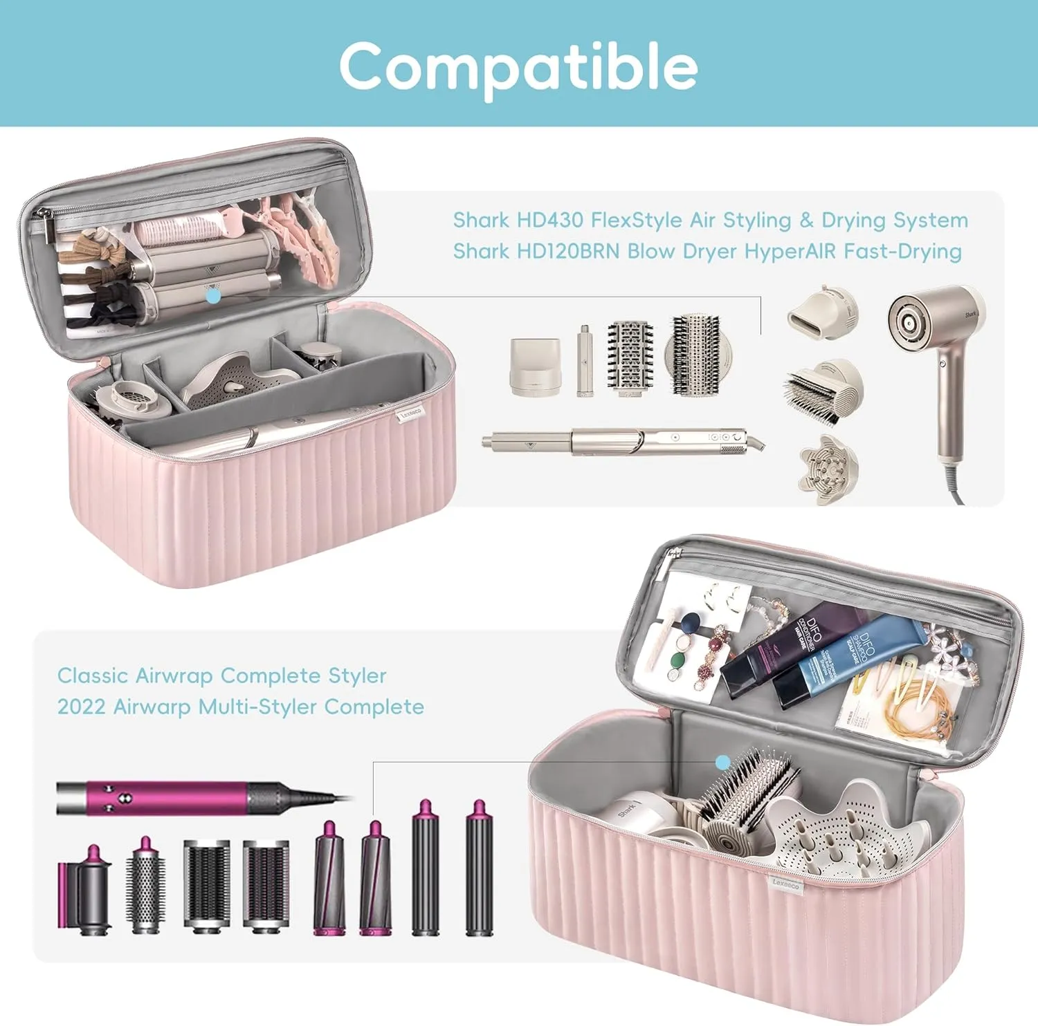 Travel Carrying Case for Hair Dryer Shark Flexstyle Dyson Airwrap Brush Hair Accessories Tools Storage Bag for Revlon Hairdryer Styler Organizer (Pink)