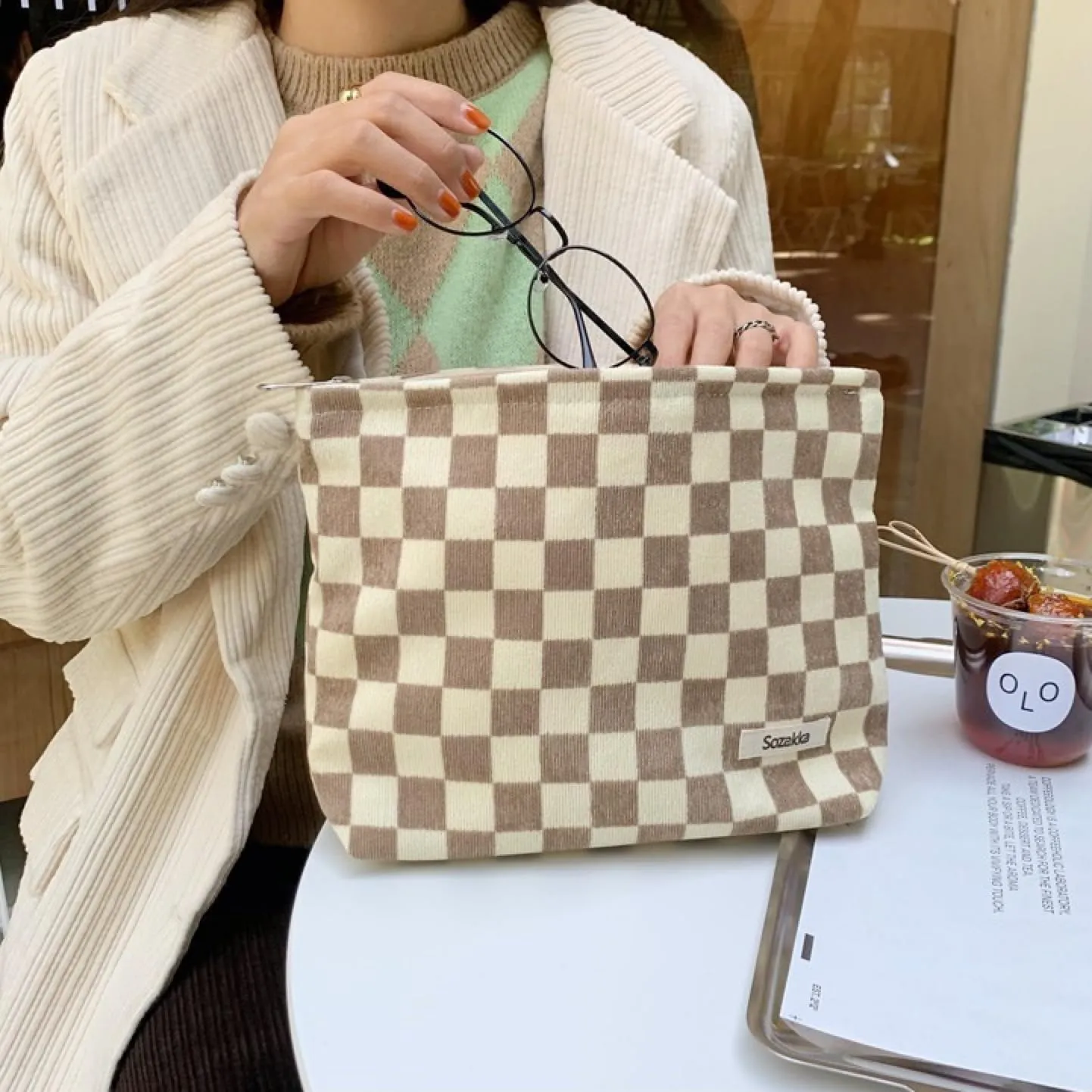 Travel Checkered Makeup Bag, Corduroy Cosmetic Bag for Purse, Small Cosmetic Zipper Pouch Cute Travel Checkered Makeup Bag Gift for Women,Girls (3 pack)