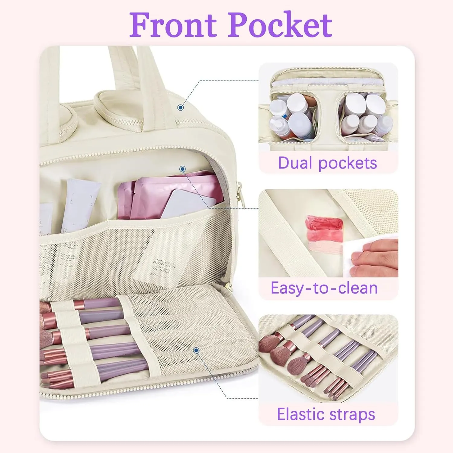 Travel Cosmetic Bag, Lightweight Large Capacity Wide-open Travel Bag for Women, Waterproof Cosmetic Makeup Bag Organizer with Handle for Toiletries, Essentials (Pink)
