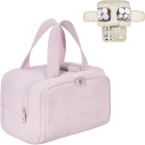 Travel Cosmetic Bag, Lightweight Large Capacity Wide-open Travel Bag for Women, Waterproof Cosmetic Makeup Bag Organizer with Handle for Toiletries, Essentials (Pink)