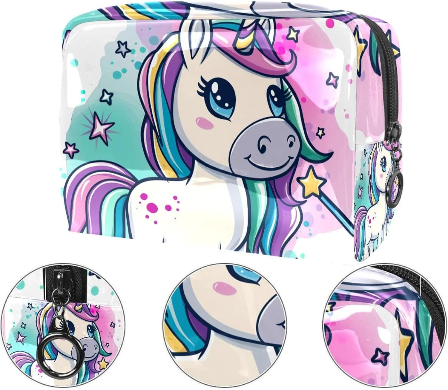 Travel Makeup Bag Cartoon Magic Unicorn Cosmetic Bag Waterproof Brushes Storage Bag For Women Girls 7.3x3x5.1in