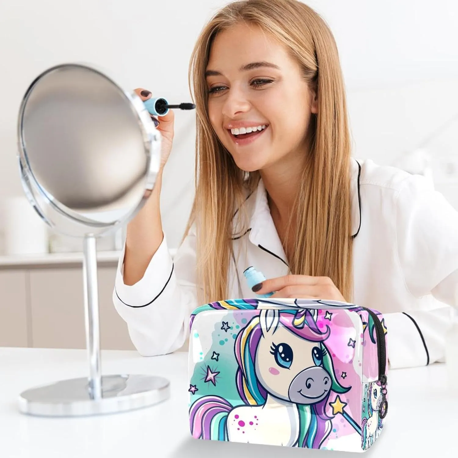 Travel Makeup Bag Cartoon Magic Unicorn Cosmetic Bag Waterproof Brushes Storage Bag For Women Girls 7.3x3x5.1in