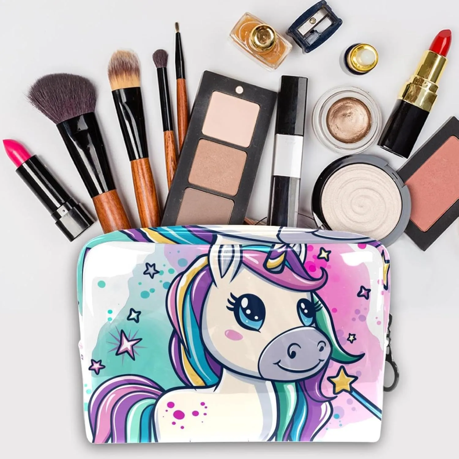 Travel Makeup Bag Cartoon Magic Unicorn Cosmetic Bag Waterproof Brushes Storage Bag For Women Girls 7.3x3x5.1in