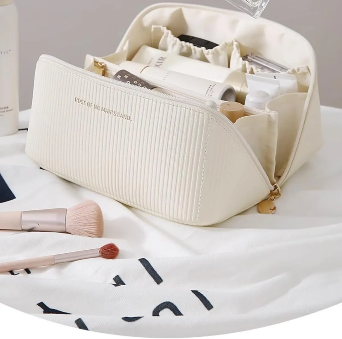 Travel Makeup Bag cosmetic bag Portable Makeup storage Bag toiletry Bag essentials Large capacity double zipper design stripe cosmetics case