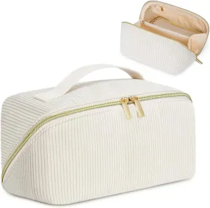 Travel Makeup Bag: Large Capacity Cosmetic Bag for Women, Portable Corduroy Stuff Bag With Handle and Divider Flat Lay Makeup Pouch Toiletry Bag Birthday Gift for Women - Beige