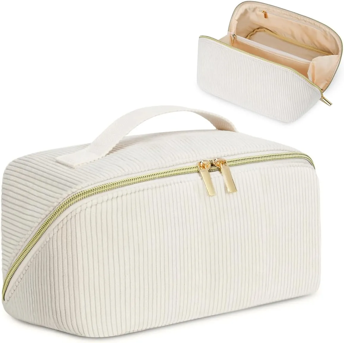 Travel Makeup Bag: Large Capacity Cosmetic Bag for Women, Portable Corduroy Stuff Bag With Handle and Divider Flat Lay Makeup Pouch Toiletry Bag Birthday Gift for Women - Beige