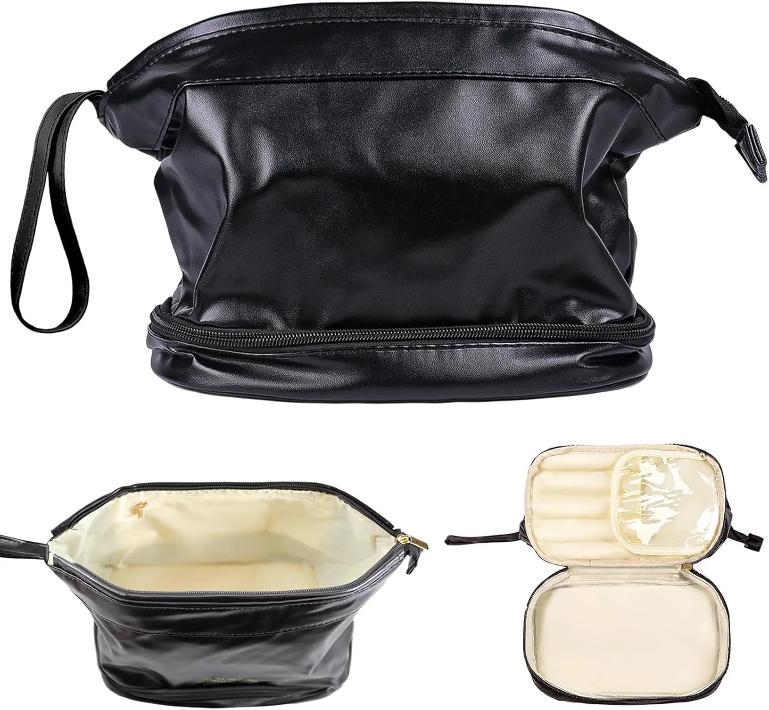 Travel Makeup Bag, Large Capacity Cosmetic Bag, Waterproof PU Leather Makeup Organizer with Bottom Compartment, Toiletry Bag for Gifts Birthday Gifts for Women Girls(Black)