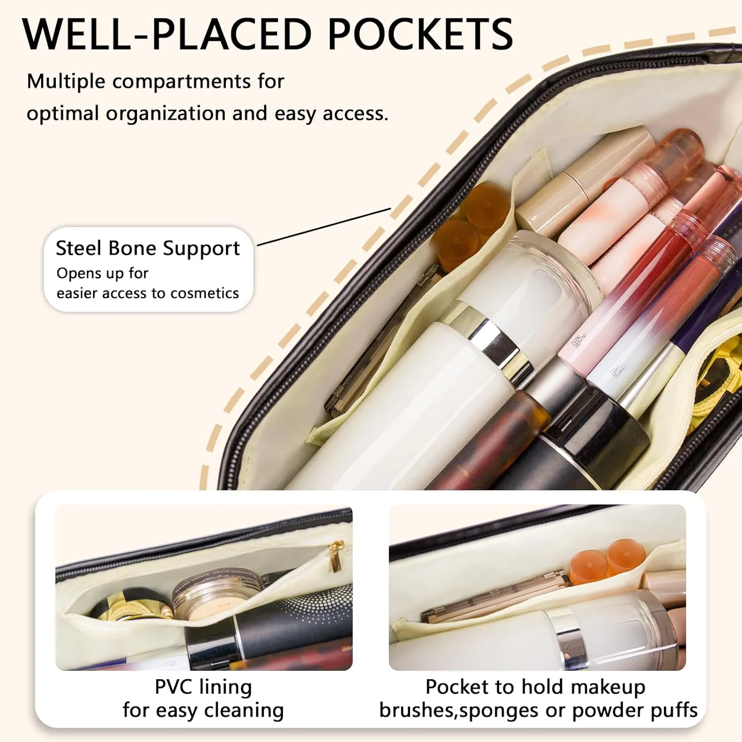 Travel Makeup Bag, Large Capacity Cosmetic Bag, Waterproof PU Leather Makeup Organizer with Bottom Compartment, Toiletry Bag for Gifts Birthday Gifts for Women Girls(Black)